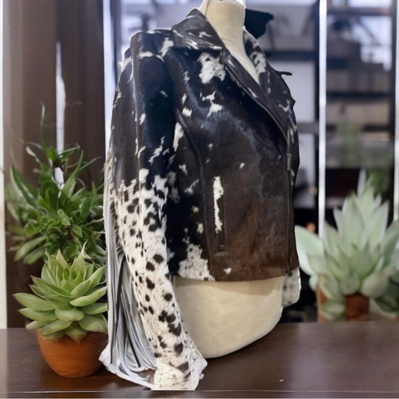 NEW CUSTOM London Fringe Dappled Pony Print Hair Calf Moto Jacket Black Brown L - Picture 3 of 11